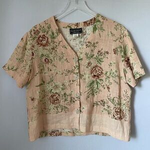 90s Linen Floral Cropped Short Sleeve Blouse M
